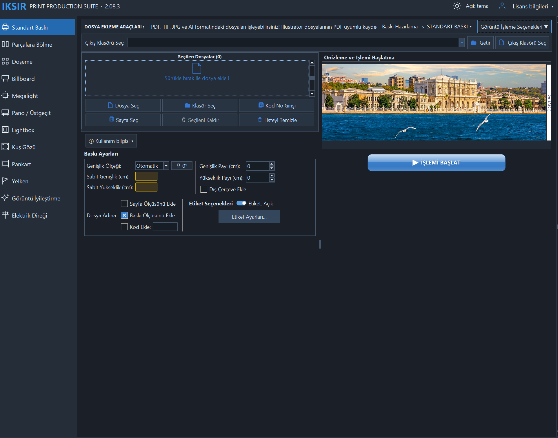IKSIR dark theme: print modes, file and print settings, and image preview